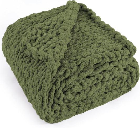 Chunky Knit Throw Blanket 60"X 80", 100% Handmade with Soft Chenille Yarn, 6.7lbs Thick Cable Knitted Blankets, Large Rope Knot Crochet Throws for Couch Sofa Bed Home Decor, Olive Green