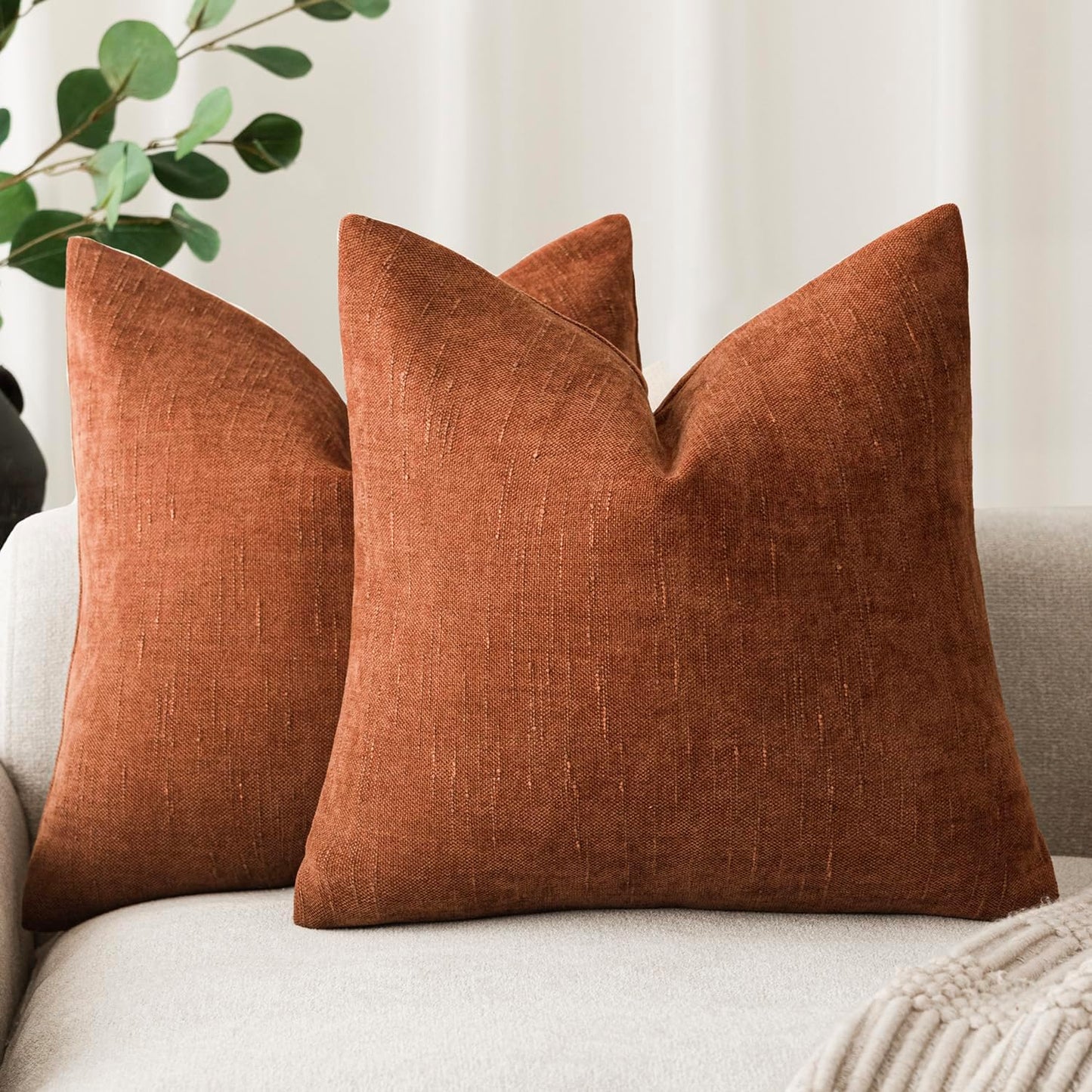 Foindtower Pack of 2 Soft Textured Throw Decorative Pillow Covers Square Accent Solid Cushion Cover Cozy Farmhouse Pillow Case with Zipper for Couch Sofa Bed Living Room 16x16 Inch, Burnt Orange