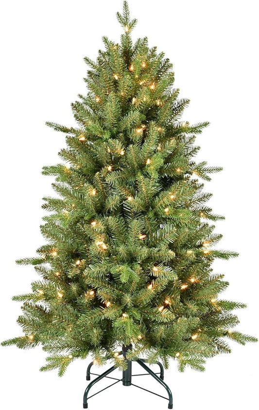 4FT Pre-Lit Artificial Christmas Tree with 628 PE&PVC Mixed Branch Tips, 200 Warm White Lights, Hinged Premium Spruce Fake Xmas Trees, Green, Foldable Base