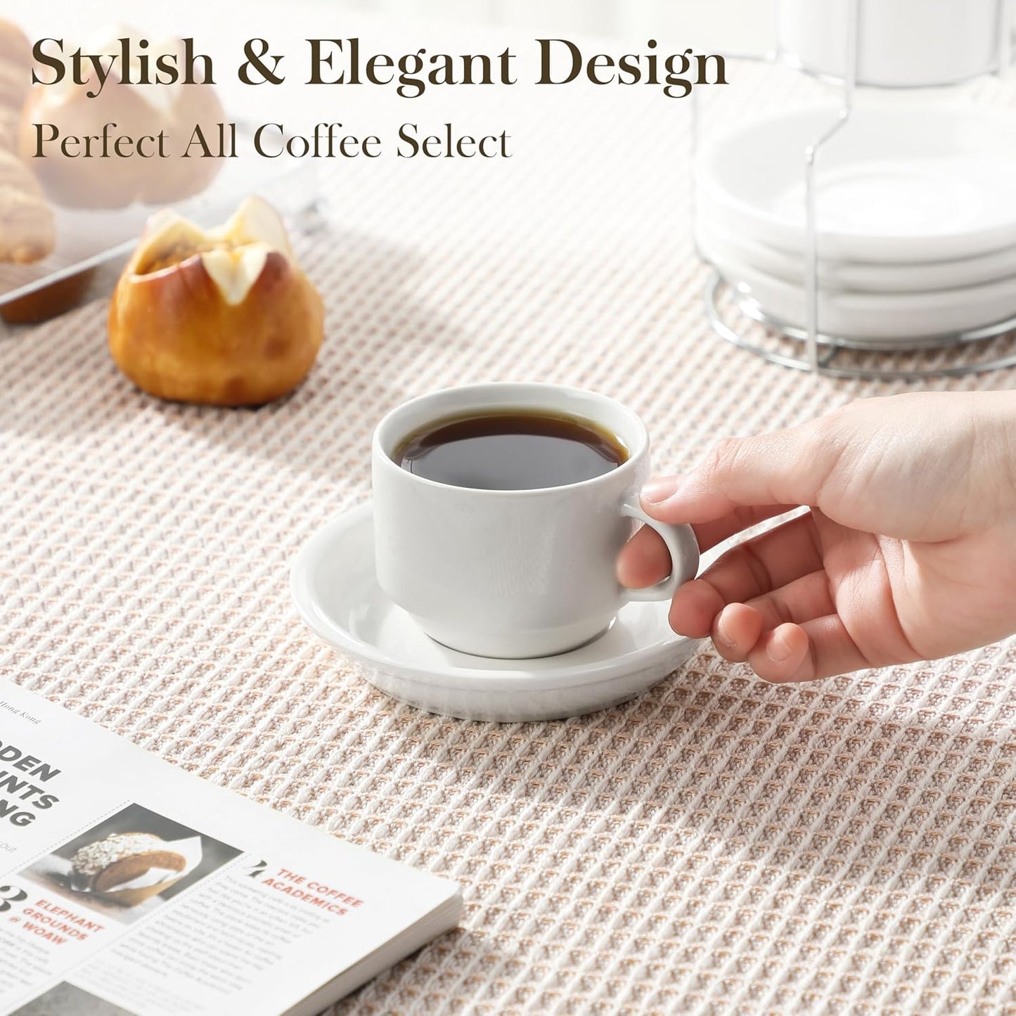 MALACASA 4 OZ Porcelain Espresso Cups with Saucers and Metal Stand Set of 4, Stackable Cappuccino Cups, White Expresso Shots Cup Set for Coffee Drinks, Latte, Tea