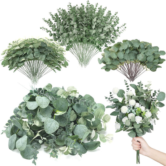 Giegxin 600 Pcs 3 Kinds Mixed Eucalyptus Leaves Stems Bulk Artificial Silver Dollar Leaves Picks Dried Eucalyptus Bundle Faux Spray for Wedding Vase Bouquet Floral Arrangement (Green)