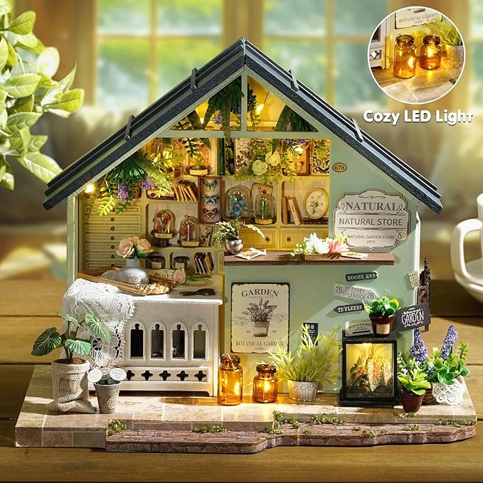 TuKIIE DIY Miniature House Kit with Furniture, 1:24 Scale Creative Room Mini Wooden Dollhouse Book Nook Plus Dust Proof & Music Movement for Kids Teens Adults(Plants Studio)