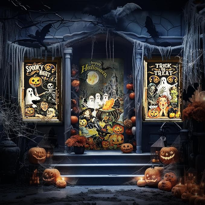 Tioncy 3 Pcs Halloween Window Door Covers Decorations Set Halloween Window Curtains Spooky Night Trick or Treat Skull Pumpkin Ghost Castle Pattern Banner Porch Indoor Outdoor Decoration