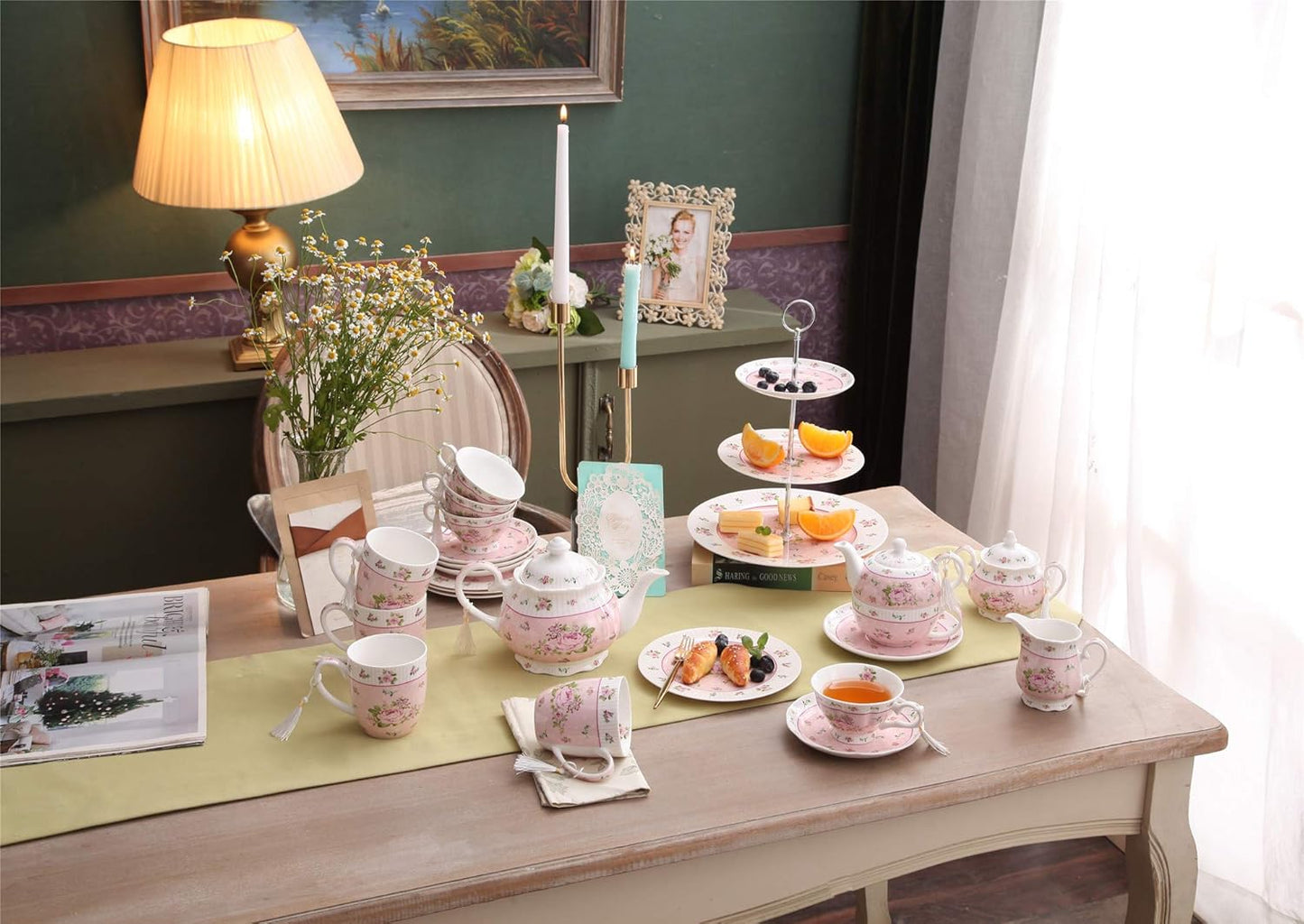 London Boutique Tea Cups and Saucers Set Afternoon Tea Set Vintage Flora Rose Lavender Porcelain Gift Box (Rose Pink 1pc Set)