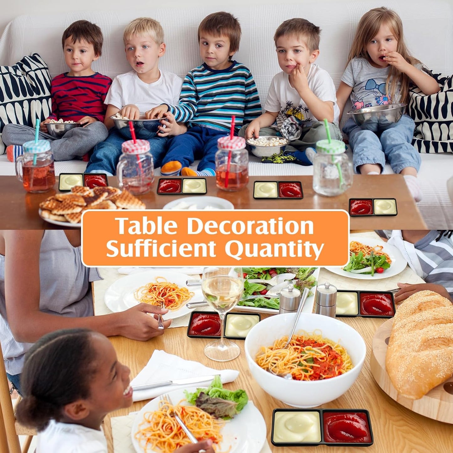 Gejoy 6 Pcs Dual Dipping Sauce Bowls Soy Sauce Dish Bowls Two Compartments Party Trays Divided Fondue Plates for Restaurant Kitchen Sushi Soy (Black)