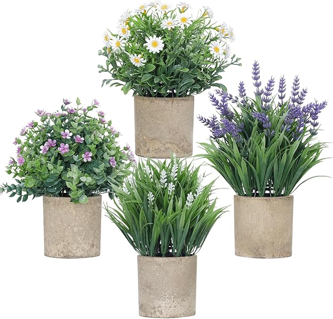 4 Pack Small Fake Plants, Artificial Eucalyptus Leaves with Flowers, Lavender & Daisy with Gray Paper Pulp Pots, Small Faux Potted Plant with Flowers for Home Decor, Indoor&Outdoor Decoration