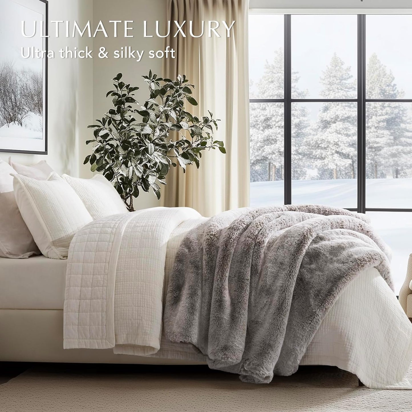 EVERGRACEHOME Luxury Soft Faux Chinchilla Fur Throw Blanket for Couch, Warm Thick Heavy Winter Throw Blanket 1220GSM for Bed, Fluffy Cozy Mink Blanket with Reversible Velvet, Champagne Fawn, 50"x60"