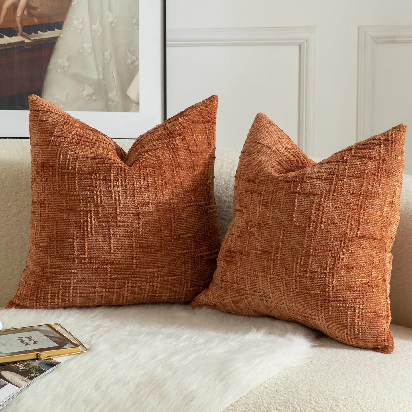 MANDIOO Pack of 2 Soft Chenille Textured Throw Pillow Covers Square Accent Solid Decorative Cushion Cover Cozy Farmhouse Pillow Case for Couch Sofa Bed Living Room 22x22 Inch Burnt Brick