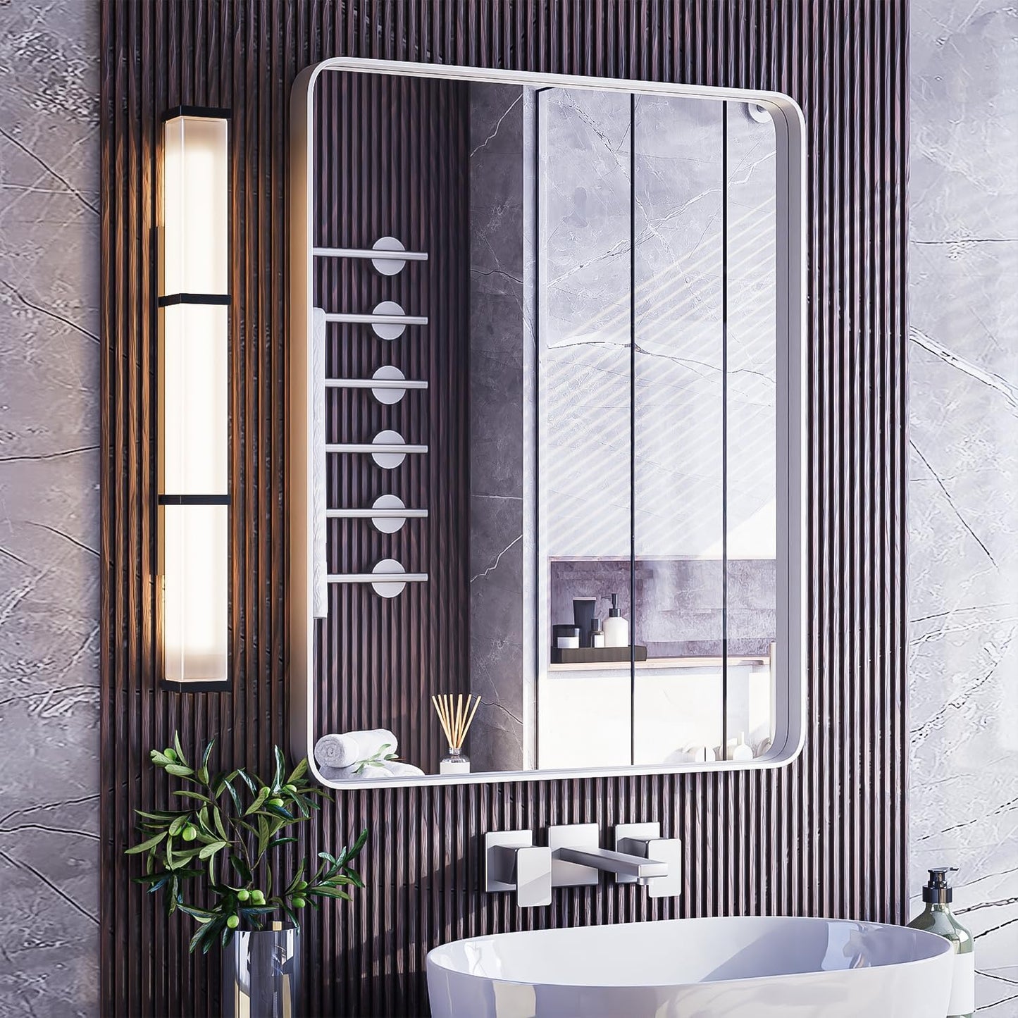 ISKM Silver Framed Mirror for Wall 24"x 32", Bathroom Vanity Mirror Anti-Rust, Tempered Glass, Rounded Rectangle Mirror(Horizontal/Vertical)