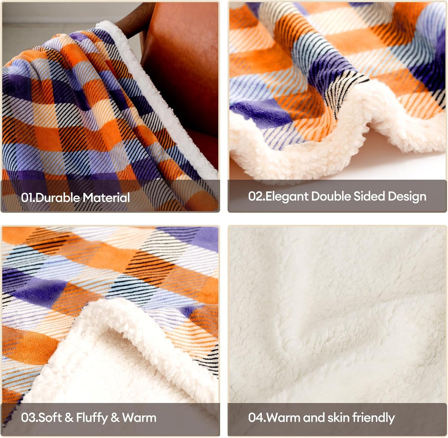 BEAUTEX Sherpa Fleece Flannel Throw Blanket, Fall Super Soft Warm Checkered Plaid Plush Blankets and Throws, Warm Autumn Winter Cozy Fuzzy Blanket for Couch Sofa Bed (Orange and Purple, 50" x 60")