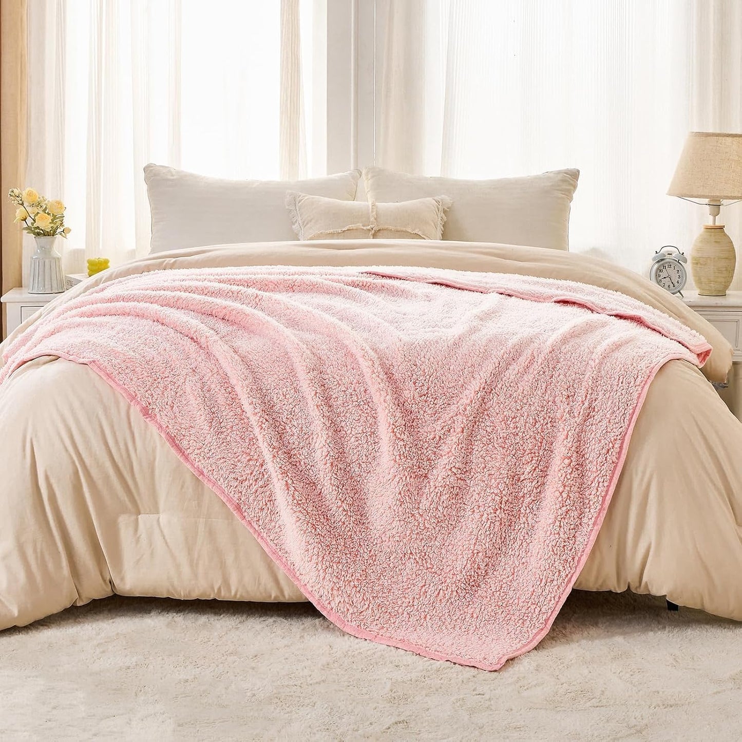 EMME Soft Sherpa Fleece Blanket Reversible Plush Fluffy Large Blanket, Light Weight Warm Decorative Boho Blanket Cover for Sofa, Couch, Bedroom,Travel(Plush Pink,108"x90")