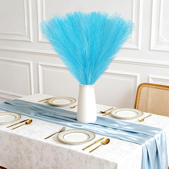 50pcs Faux Pampas Grass, 21.6" Short Artificial Pompous Grass Branches for Vase Filler Home Table Centerpieces Wedding Decor (Light Blue)