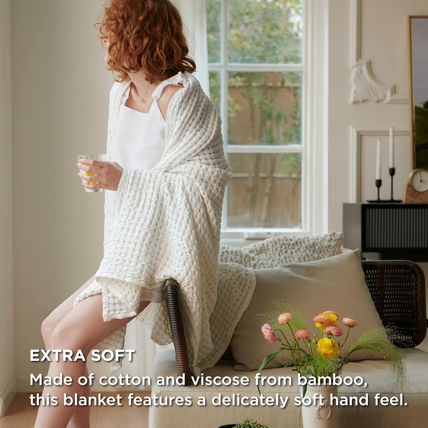 Bedsure Cooling Cotton Waffle Twin XL Blanket - Lightweight Breathable Blanket of Rayon Derived from Bamboo for Hot Sleepers, Luxury Throws for Bed, Couch and Sofa, Ivory, 66x90 Inches