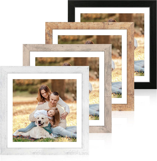 iRahmen 12x12 Picture Frame Set of 4 with Tempered Glass, Display 10x10 Picture with Mat or 12 x 12 Without Mat, Mixed Color Wood Photo Frames for Tabletop Display and Wall Mounting