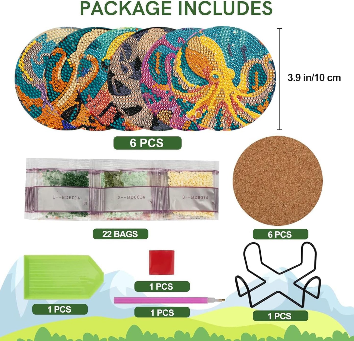 Leatrice Diamond Art Coasters Set of 6, Small Diamond Painting Kits for Adults Beginners, Cork Coaster for Drinks Gem Art Coasters with Holder Home Decor for Octopus