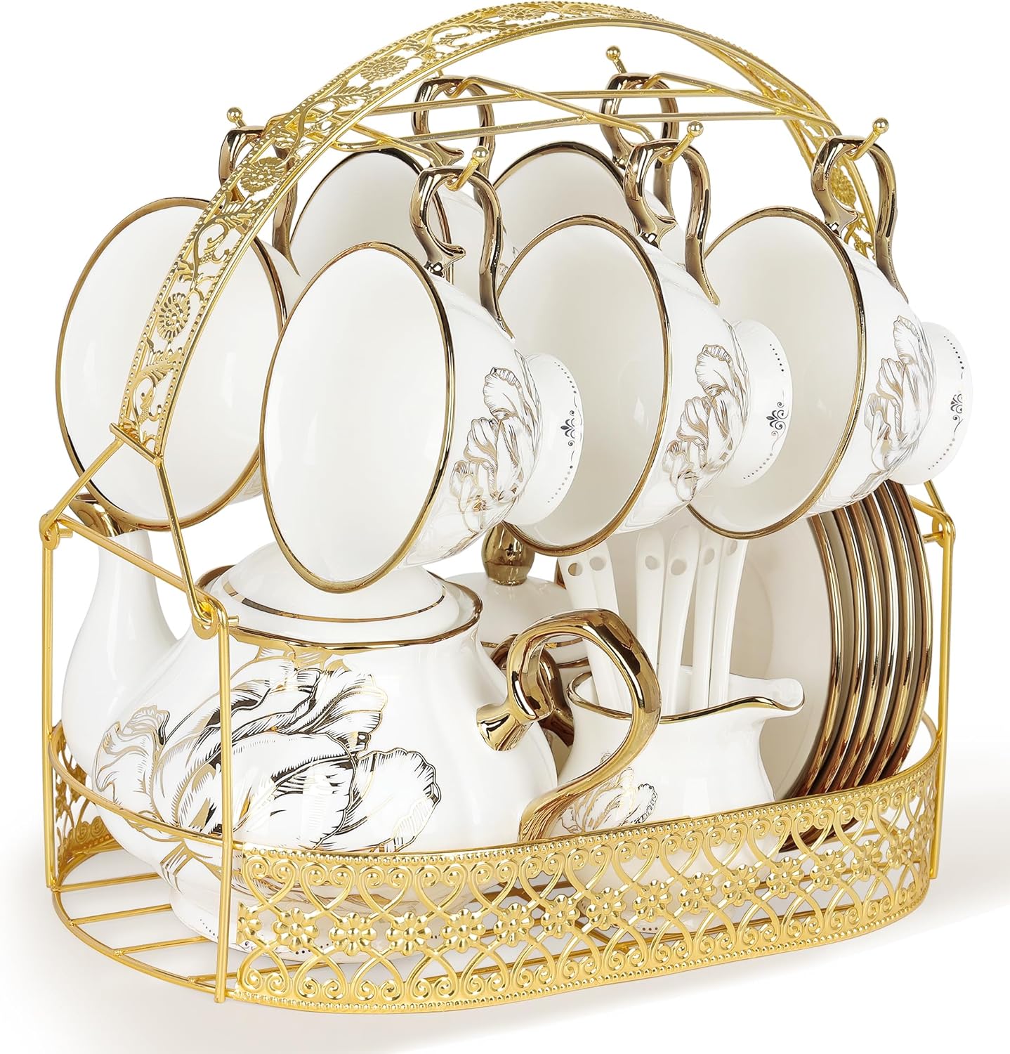 fanquare British Porcelain Tea Coffee Set 22 Piece New Bone China Gold Tulip Tea Service for Afternoon Tea, 6 TeaCup and Saucers with Metal Holder for Home Wedding Birthday
