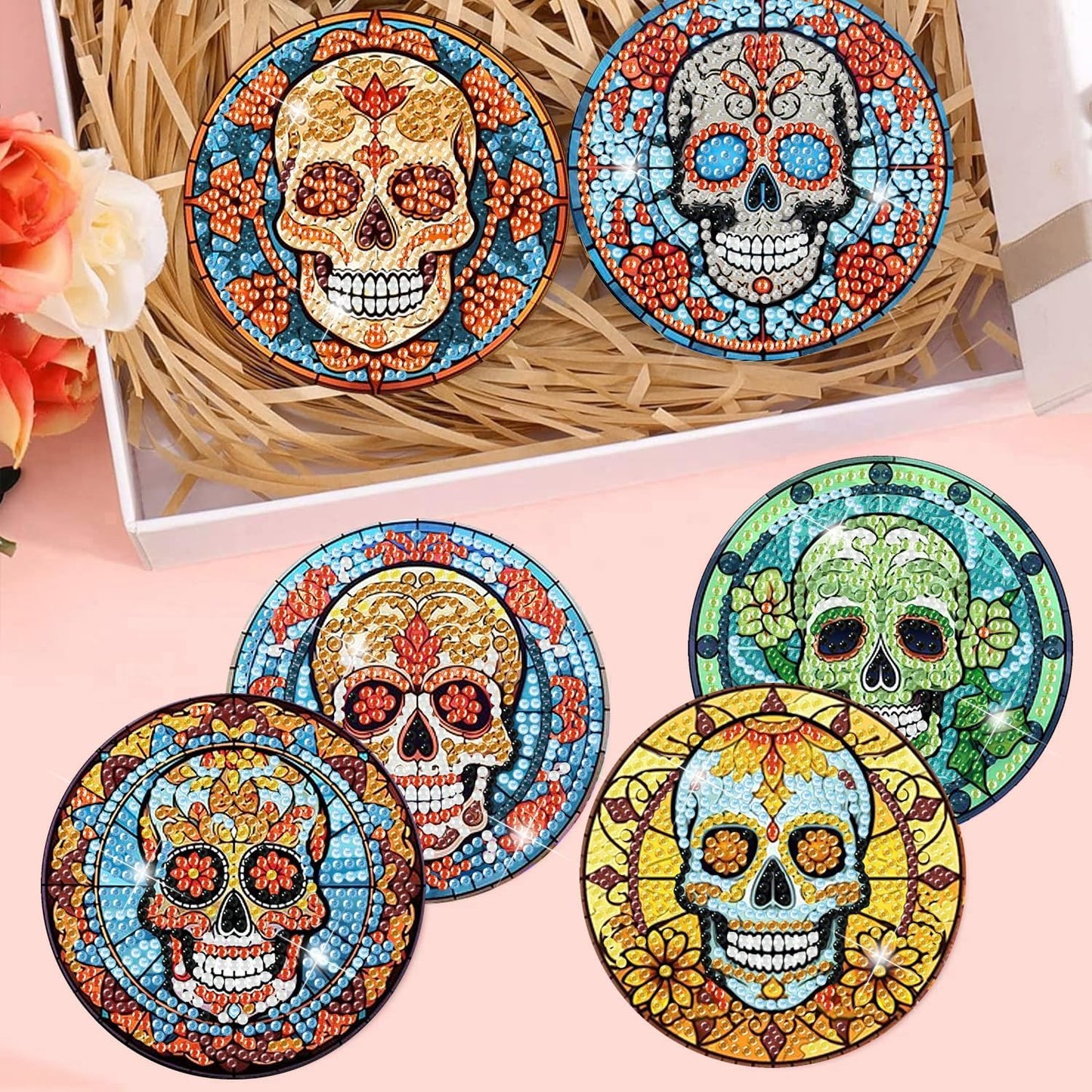 Meothan 8 Pcs Diamond Art Coasters Kits for Adults with Holder Cork Pads, Skull Diamond Dots Art Painting Coasters Crafts Kit for Home Office Decor (Stained Glass Style)
