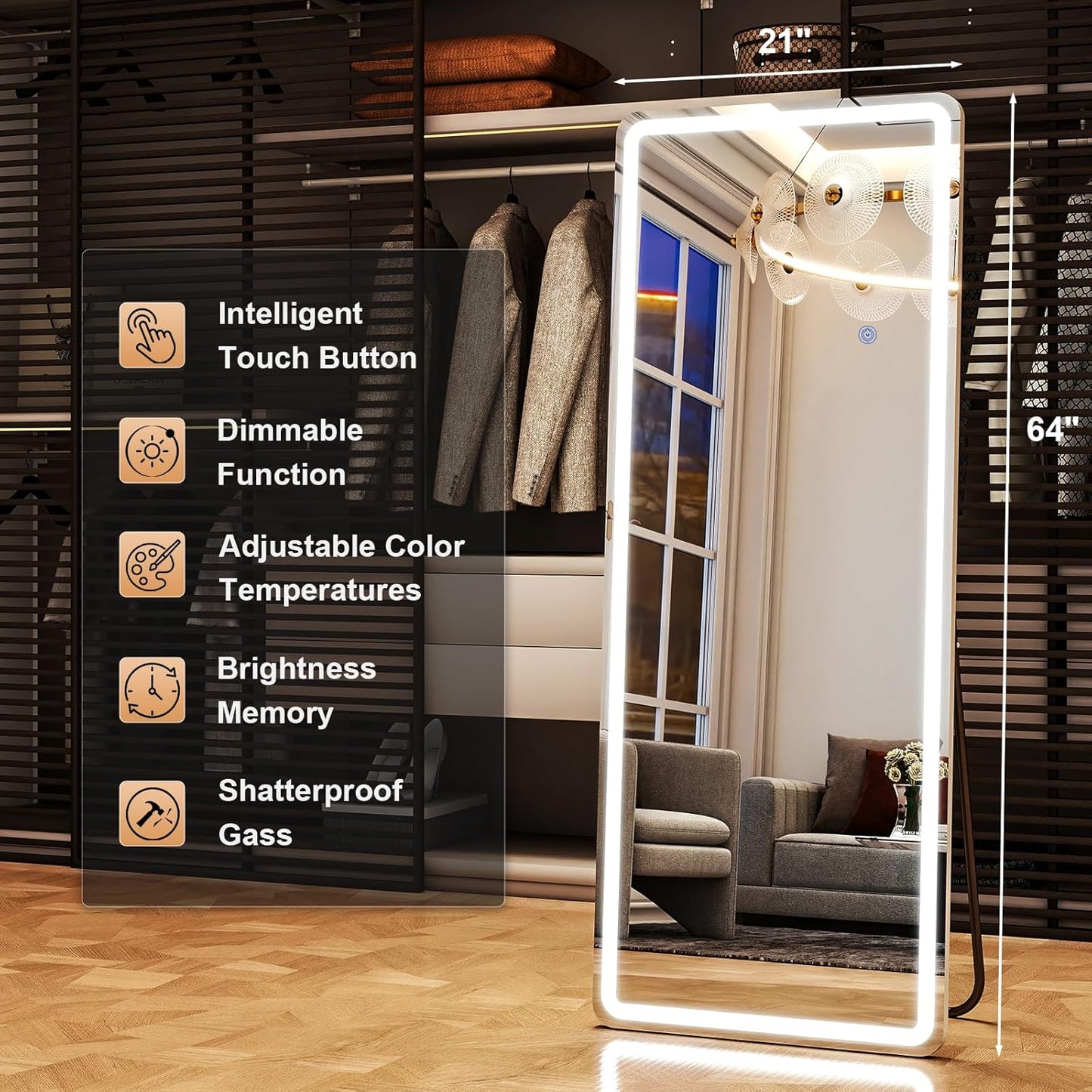 LED Rectangular Corner White Full Length Mirror - 21“ x 64” Brightness Adjustable, Touch Screen Control, Wall Mounted or Freestanding, for Bedroom Living Room Cloakroom Dressing Mirror