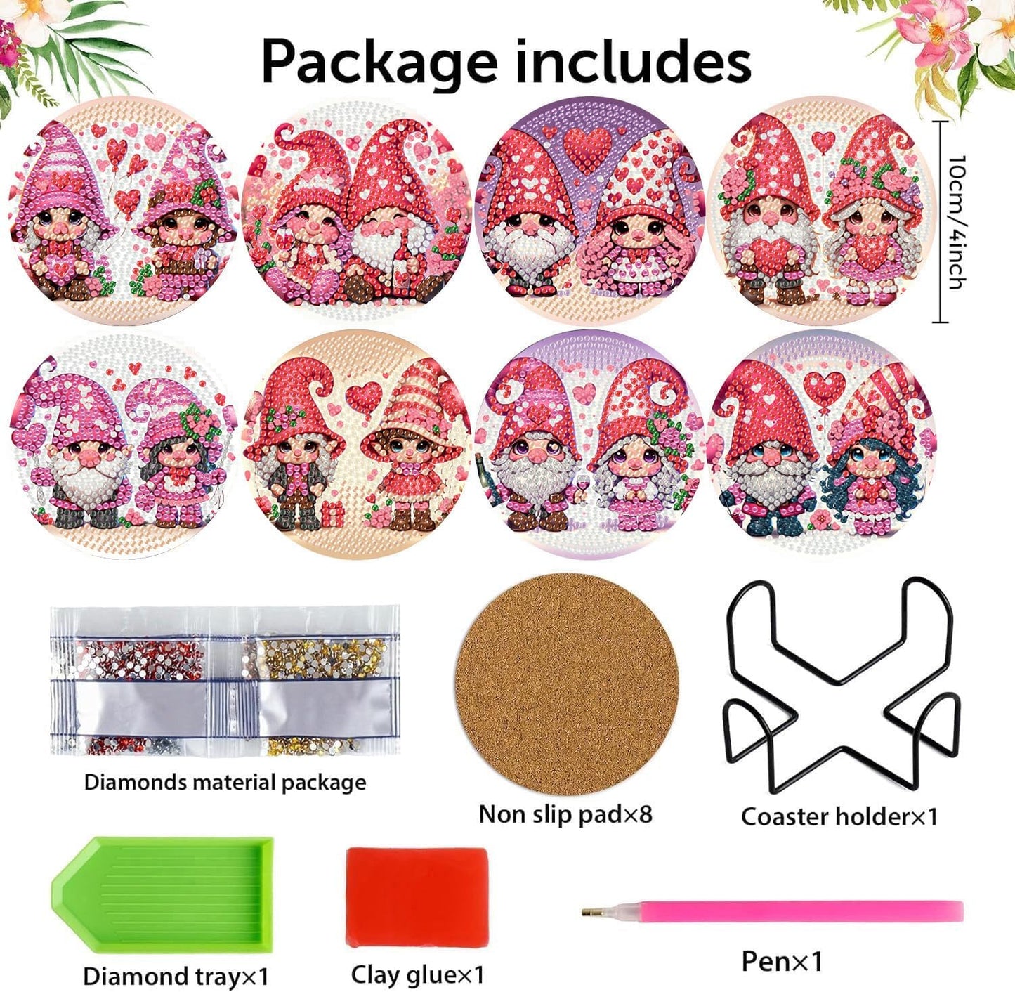 Meothan 8 Pcs Diamond Art Coasters Kits for Adults with Holder Cork Pads, Valentine's Day Gnomes Diamond Dots Art Painting Coasters Crafts Kit for Home Office Decor (4x4in)