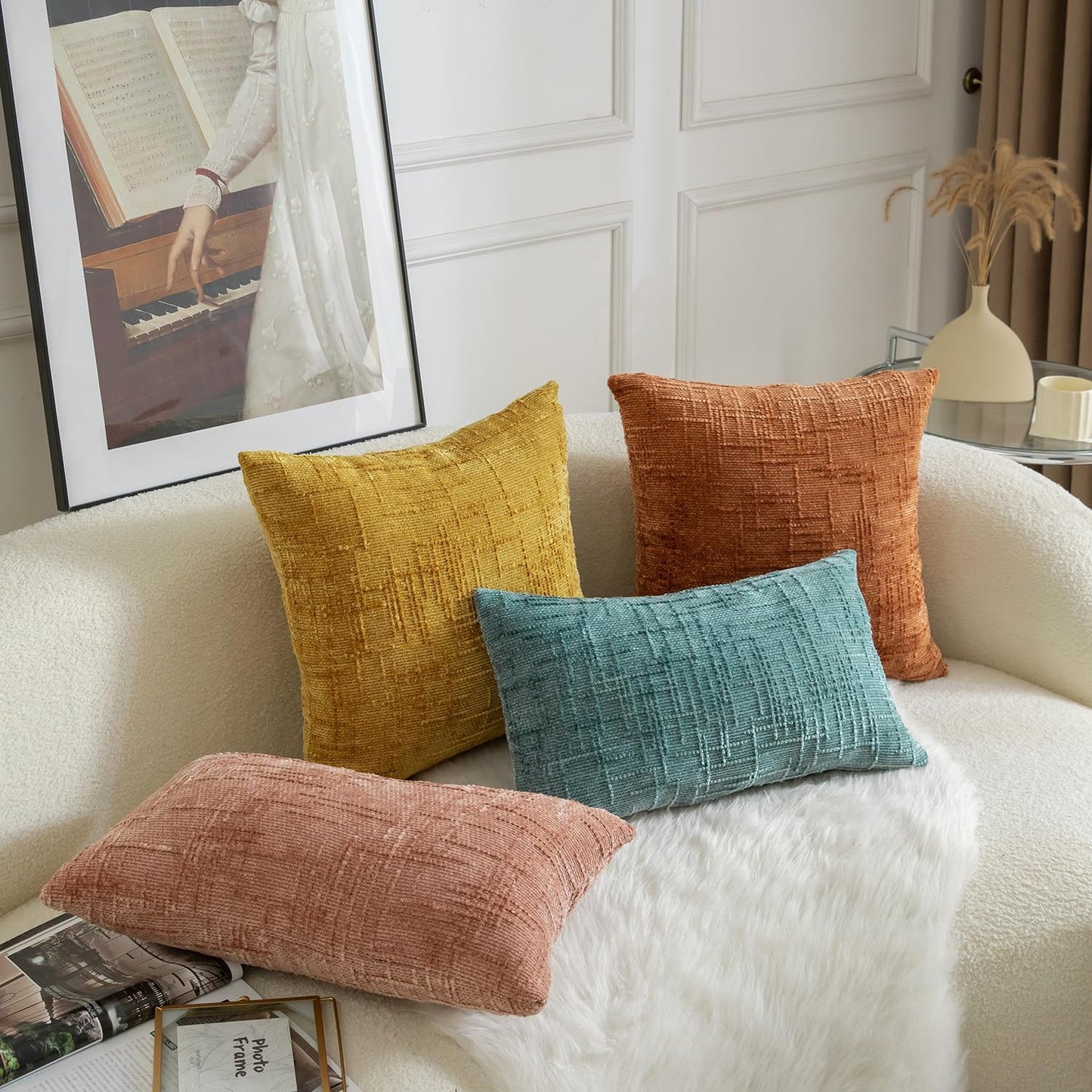 MANDIOO Pack of 2 Soft Chenille Textured Throw Pillow Covers Square Accent Solid Decorative Cushion Cover Cozy Farmhouse Pillow Case for Couch Sofa Bed Living Room 20x20 Inch Ginger