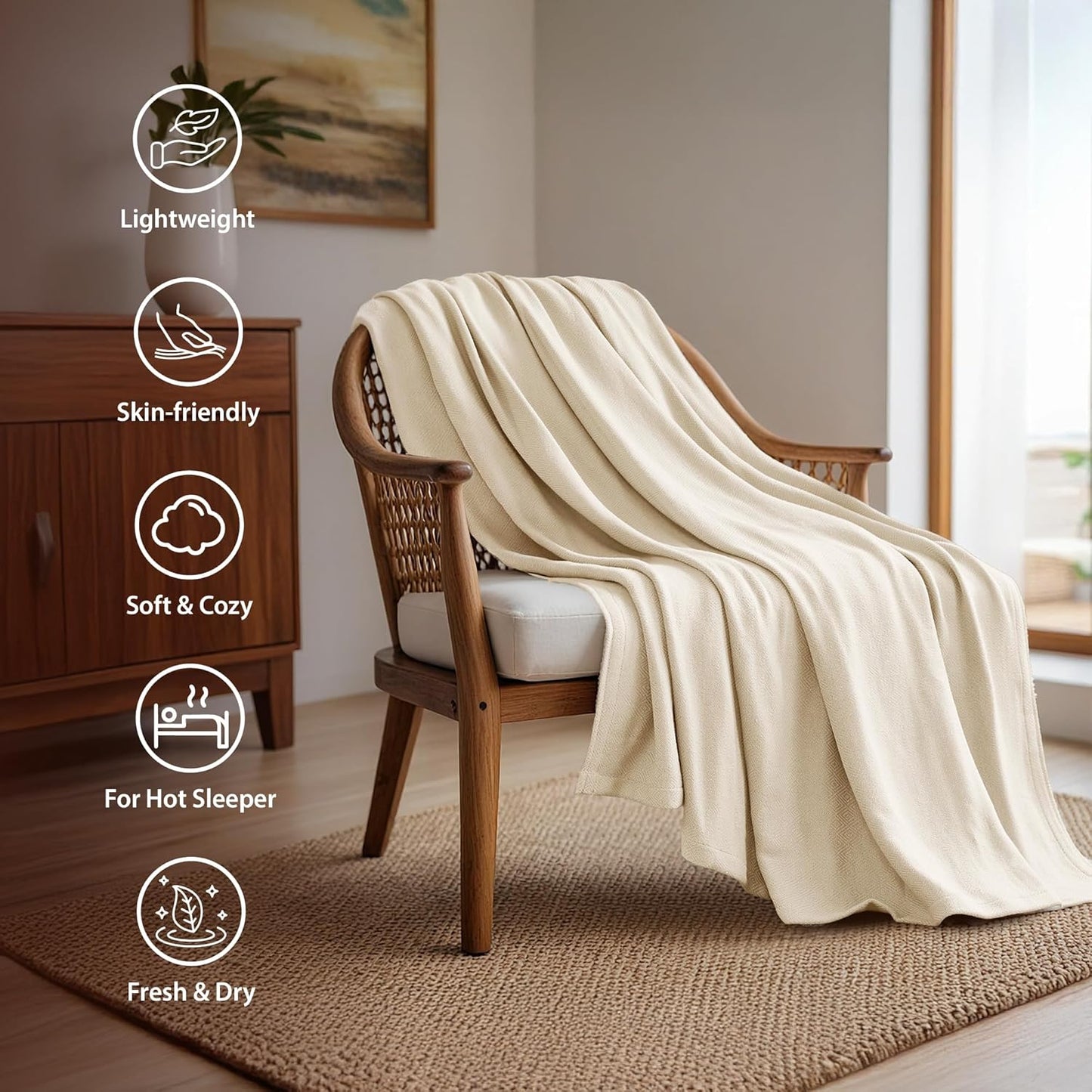 King Size Blanket, 70% Rayon (Derived from Bamboo) and 30% Cotton, Lightweight Jacquard Weave, Breathable and Soft Summer Blanket for Bed or Couch, 108” x 90”, Ivory