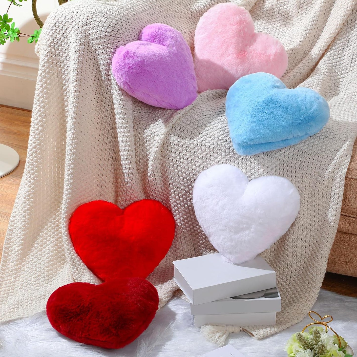 Liliful 6 Pcs Faux Rabbit Fur Heart Pillows Helloween Fluffy Heart Throw Pillows Christmas Cute Couch Cushion Soft Decorative Throw Cushion for Bed Sofa Girls Women(12 x 11 Inch,Cute Color)