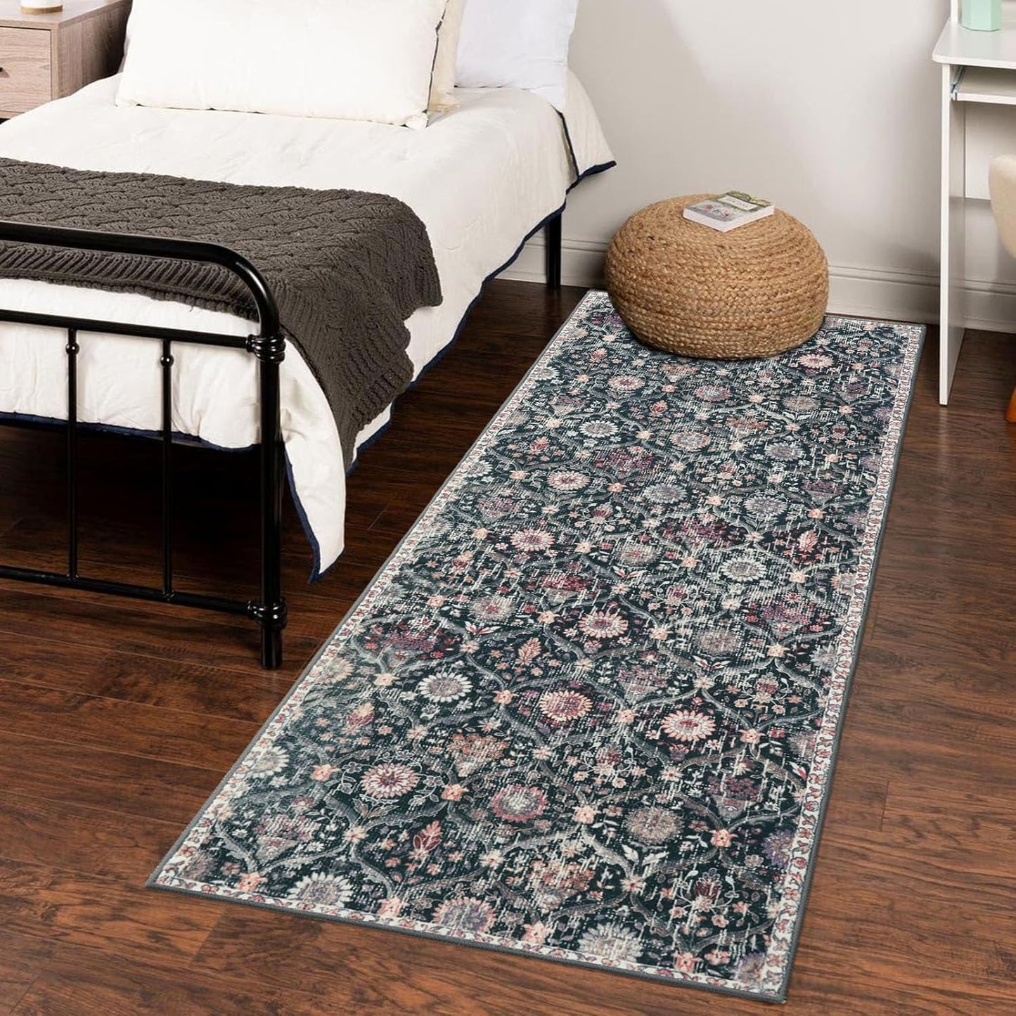 Lahome Moroccan Trellis Washable Runner Rug, 2x6 Kitchen Runners for Hallways 6 Feet Non Slip, Vintage Laundry Room Rug Ultra-Thin Long Carpet for Bathroom Bedroom Entryway, Black/Multi