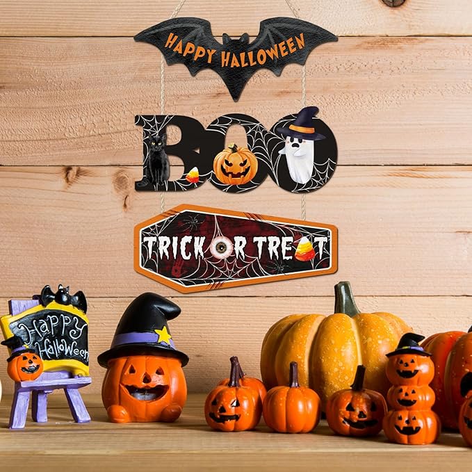 HOURIA Happy Halloween Wooden Sign(11.4”x14.6”),Halloween Boo Wall Decor,Cute Ghost Black Cat Pumpkin Door Hanger,Trick or Treat Wall Hanging Door Sign for Party Front Door Home Indoor Outdoor Yard
