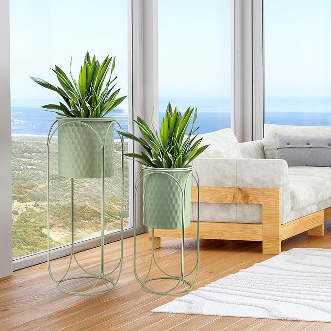 TRIROCKS Set of 2 Planters with Stand Indoor Otdoor Planters for Indoor Plants 26 &18" H Large Plant Pots for Living Room Corner Kitchen Office Garden Balcony Patio Decor(Green)