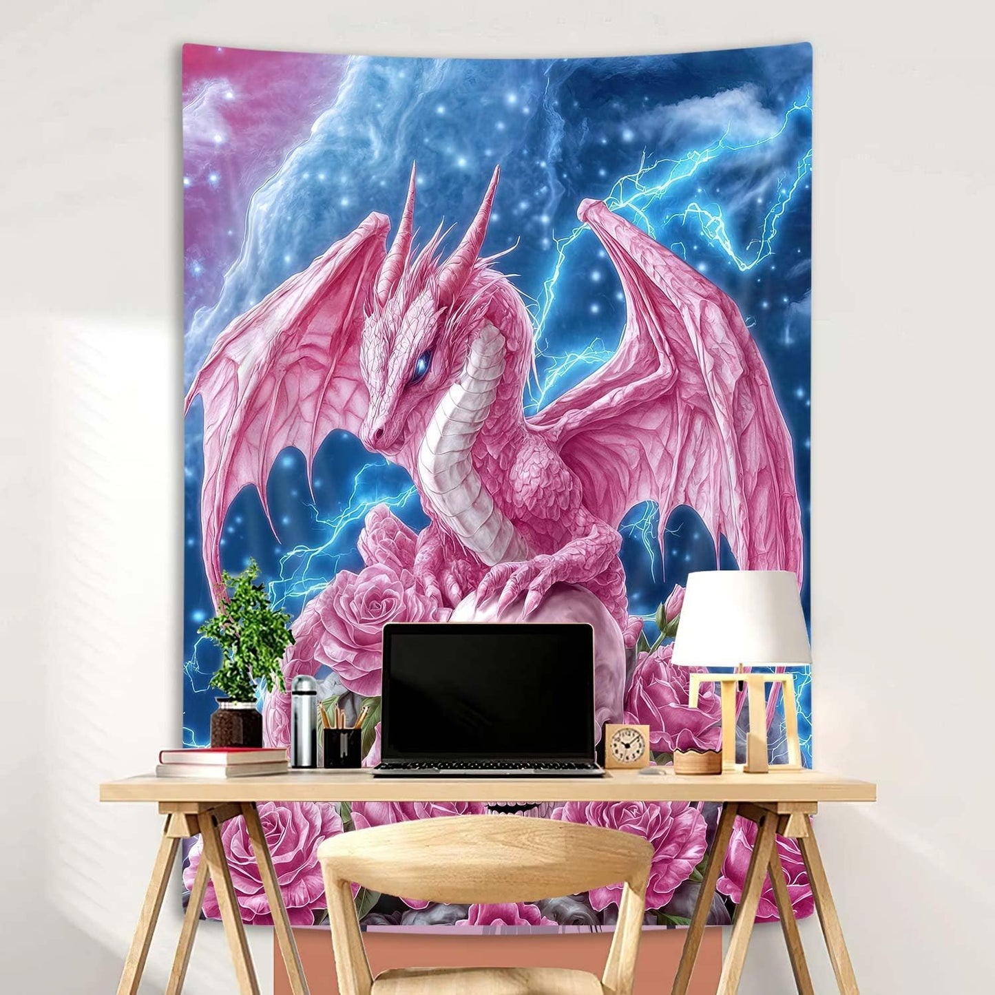 DYNH Pink Dragon Dragon Art Tapestry,Rose Flowers Skull Skeleton Gothic Tapestries,Lightning Flash Dreamy Wall Hanging for Bedroom Living Room,60X80Inches