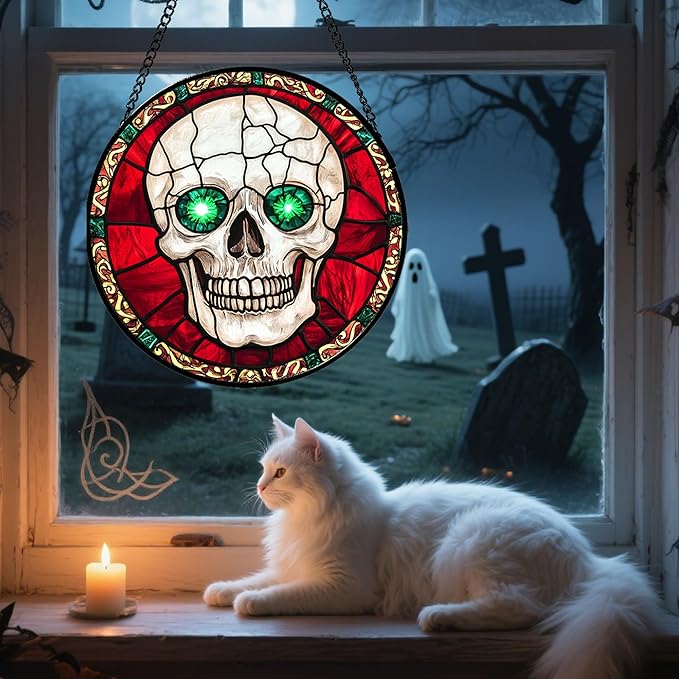 Stained Glass Window Hanging - Halloween Decorations Vampire Skeleton Suncatcher for Doors Garden Indoor Spooky Funny Sun Catchers Gothic Decor Horror Gifts for Women Men Friend 6.3 in