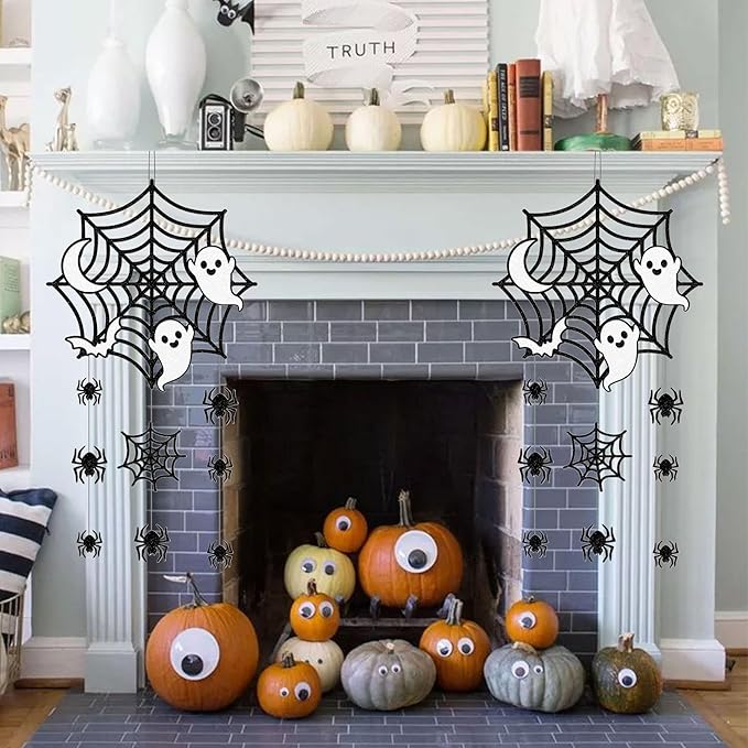 2Pcs Halloween Hanging Decorations, Spider Spiderweb Bat Ghost Door Decorations, Happy Halloween Sign Decoration Welcome Sign Hanging Ornaments for Home Wall Door Decor Party Supplies