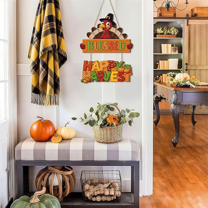 Thanksgiving Turkey Door Hanging,Autumn Turkey Shape Door Decor,Happy Harvest Wooden Sign,Fall Bless Harvest Wall Plaque,Thanksgiving Hanging Sign,Give Thanks Wall Sign for Farmhouse Home Room