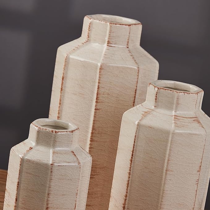 LUKA Ceramic Rustic Farmhouse Vase Set of 3,Ice Cracked Glazed Terracotta Vase,Large Vases for Decor,Fall Decoratiion Vases for Home, Table, Living Room, Shelf