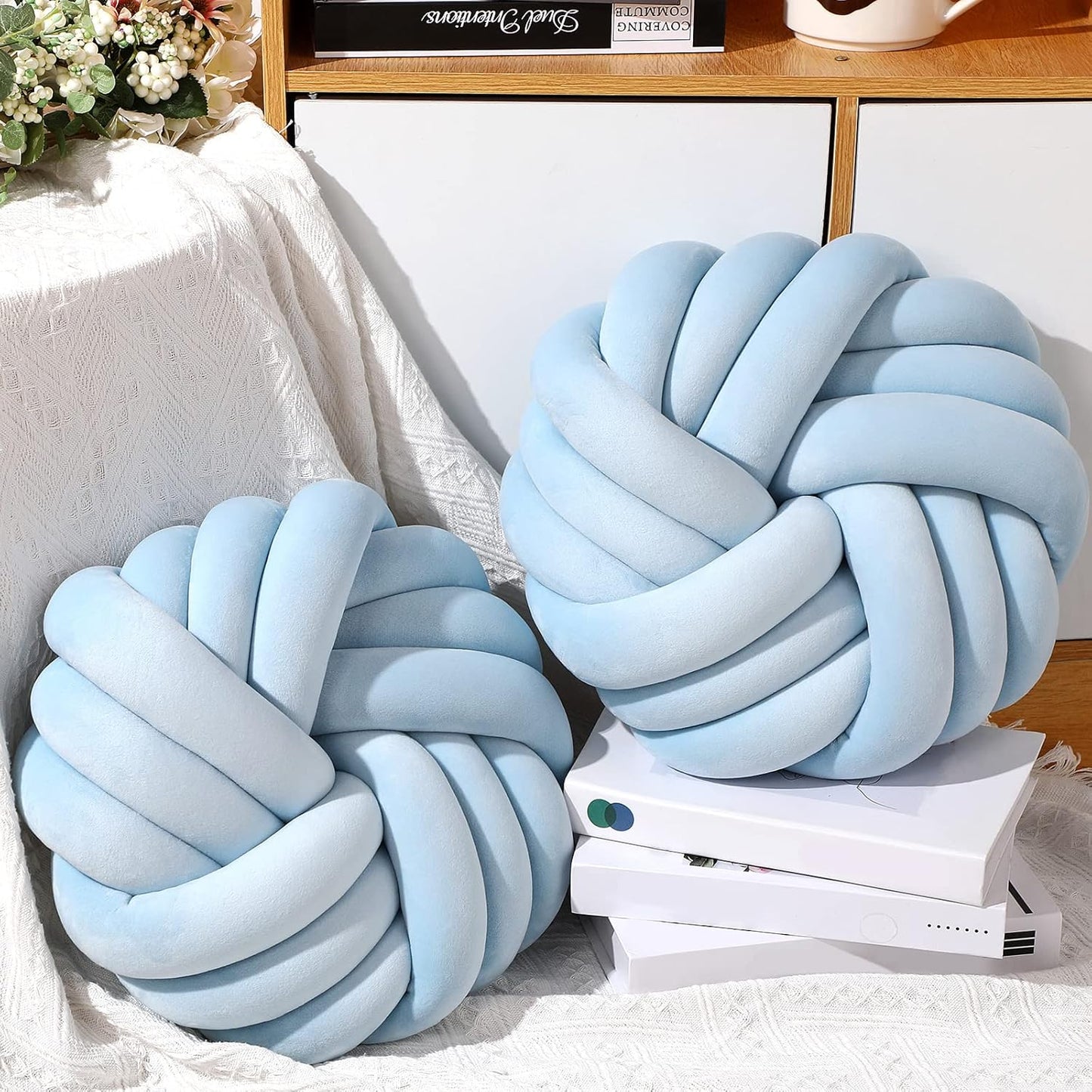 Fumete 2 Pcs 14 Inches Knot Pillow Round Throw Soft Plush Knot Ball Pillow Handmade Knotted Modern Home Decorative Cushion for Bed Bedroom, Sofa, Couch (Sky Blue)