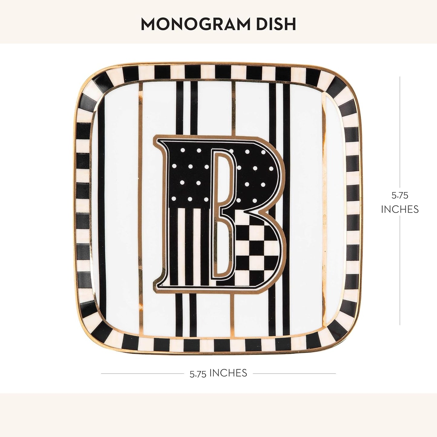 MACKENZIE-CHILDS Monogram Dish, Decorative Ceramic Letter Plate, 5 3/4" Square, B
