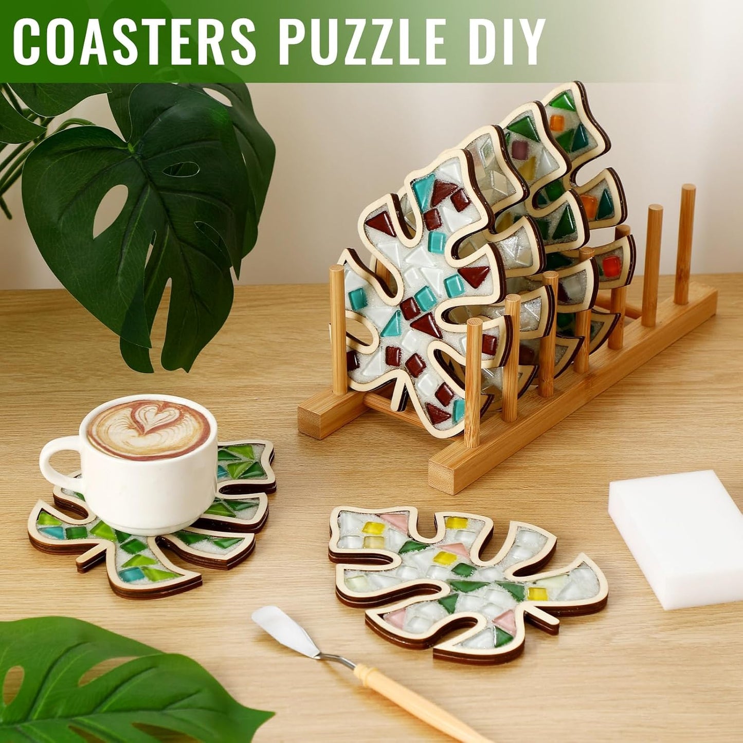 Honeydak 6 Sets DIY Leaves Glass Mosaic Tiles with 6 Sets Leaves Wooden Coasters Making Mosaic Crafts Materials Package Mixed Stained Glass Kit for Handmade Colourful Home Gifts Indoor Decor