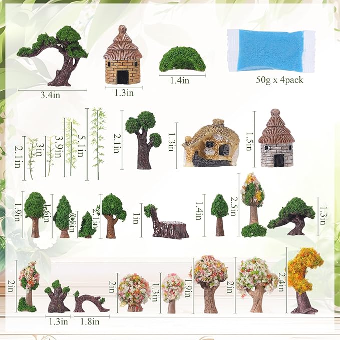 58 Pcs Miniature Garden Set Fairy House Bridge Rockery River Diorama Supplies Mini Terrarium Figurines Fairy Village Micro Landscape Ornament Model Trees for DIY Garden Decor Succulent Dollhouse Craft