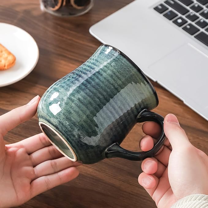 21 oz Large Ceramic Coffee Mugs, Pottery Mug Handmade, Ceramic Tea Cups with Handle for Office and Home, Dishwasher and Microwave Safe (Ink Green)