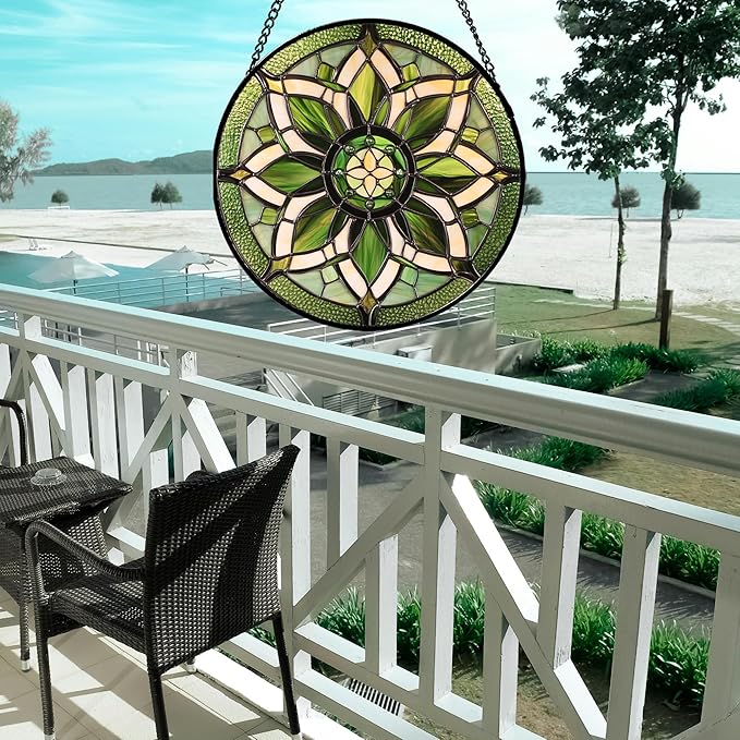 Stained Glass Window Hanging - White Green Boho Flower Suncatcher for Doors Window Home Sun Catchers Decor Christmas Mother's Day Birthday Gifts for Teacher Women Men Mom Nana 6.3 in