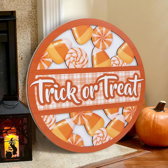 TOARTi 3D Halloween Trick or Treat Front Door Sign Hanging(11.4x11.4''), Rustic Lollipop Candy Cone Wall Decor, Farmhouse Halloween Wooden Plaque for Home Classroom Office