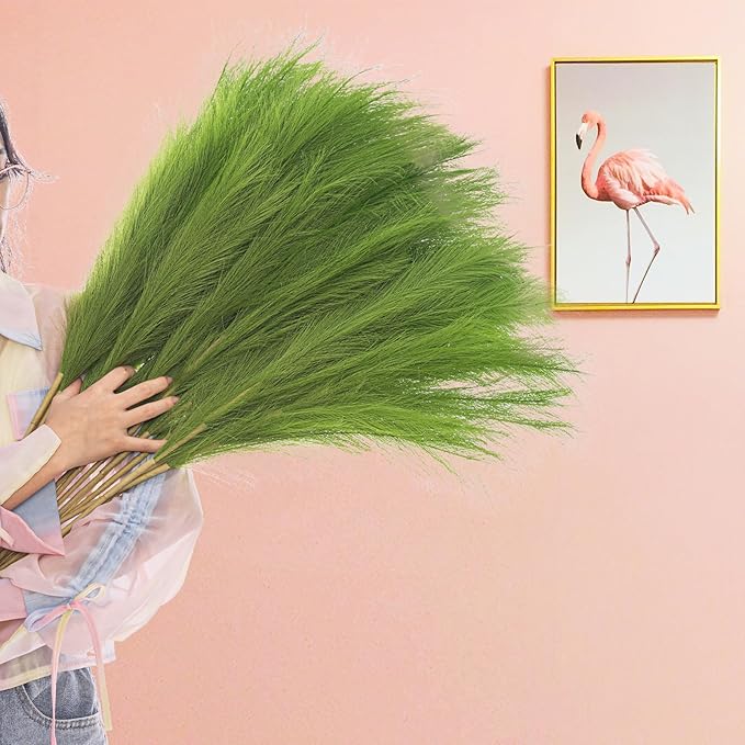 38" 10 Stems Tall Pampas Grass Decor - Faux Pampas Grass for Floor Vase Fluffy Artificial Pampas Grass for Boho Home Wedding Mothers Day Decoration（Green）