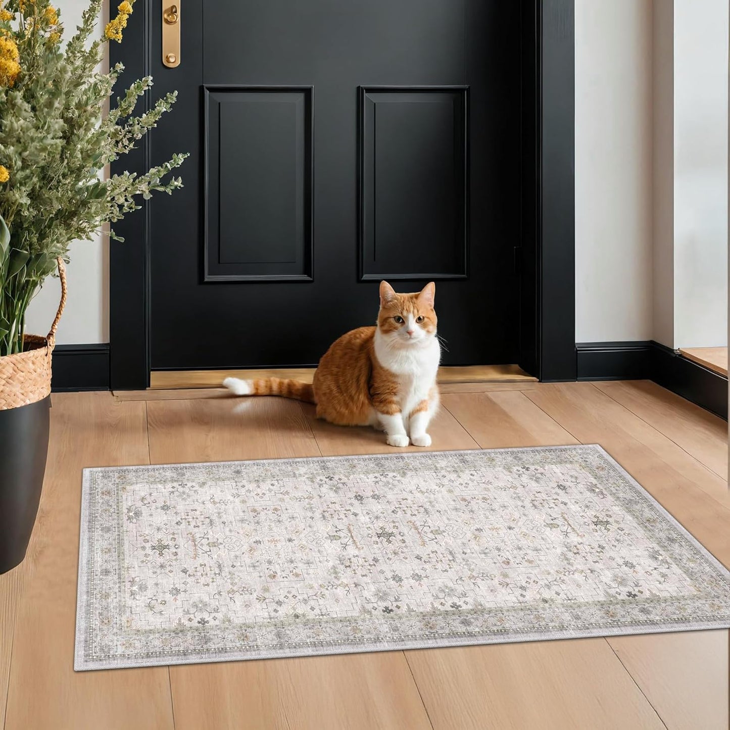 Light Grey Boho Bathroom Rug 2x4 - Modern Vintage Eclectic Floral Pastel Neutral Taupe, Washable Low Pile Non-Slip Small Throw Area Rugs for Entryway Door Mat Indoor Entrance, Kitchen