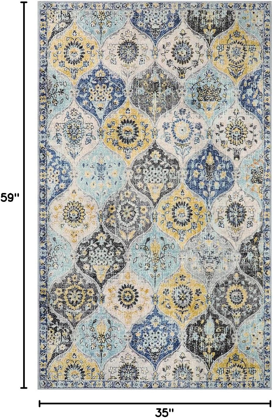 Lahome Moroccan Trellis Washable Small Area Rug, 3x5 Area Rug for Bedroom Living Room, Non-Slip Oriental Accent Throw Carpet for Kitchen Office Entryway Bathroom Office, Yellow/Aqua