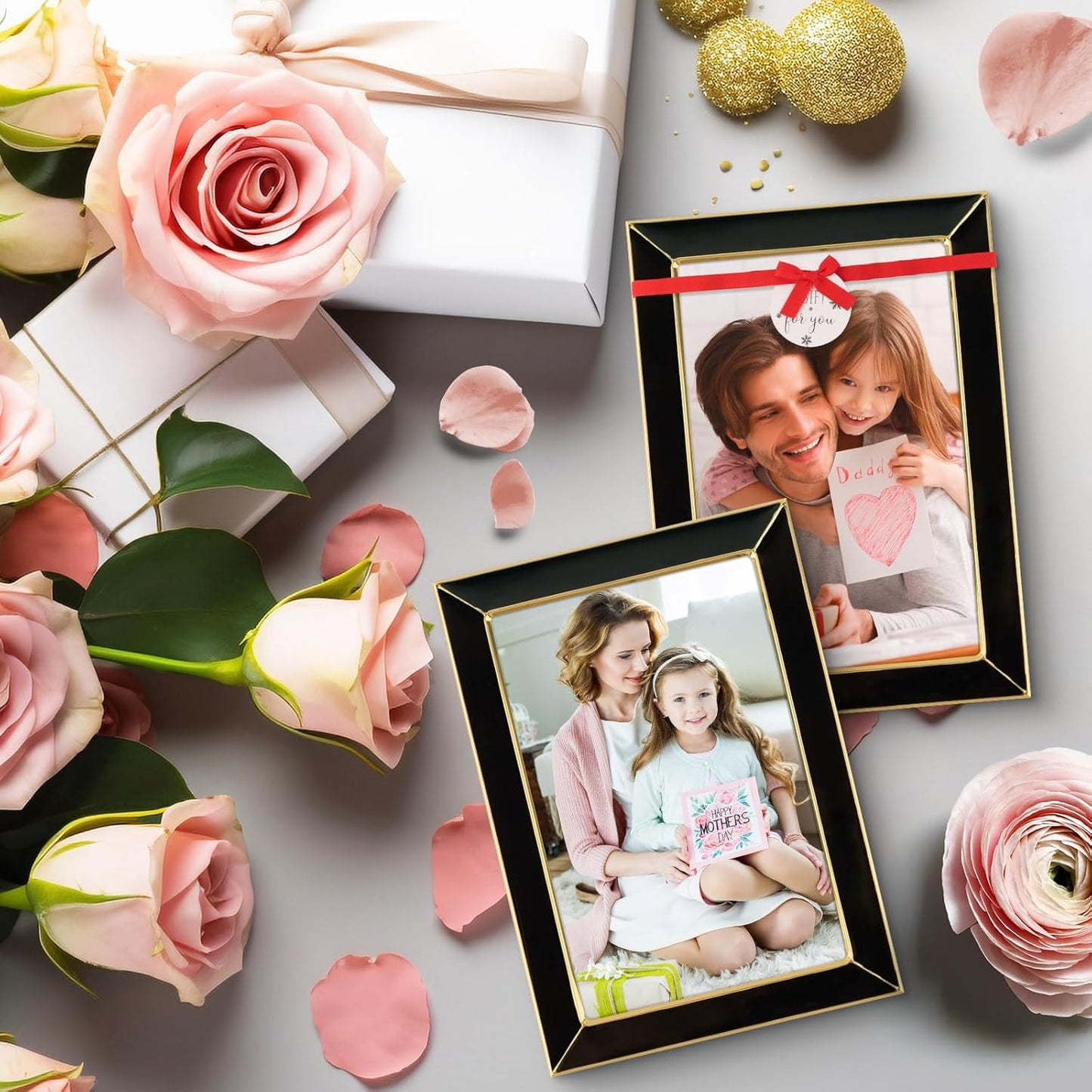 Frametory Enamel Picture Frame - 4x6 Gold Metal Edge Black Enamel Picture Frame With Easel and Velvet Back for Tabletop Display, Bookshelf, 4x6 Wall Decoration, Photo Frames-2 Set