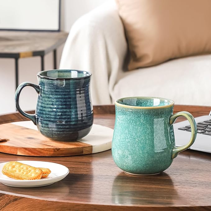21 oz Large Ceramic Coffee Mugs, Pottery Mug Handmade, Ceramic Tea Cups with Handle for Office and Home, Dishwasher and Microwave Safe (Crystal Green)