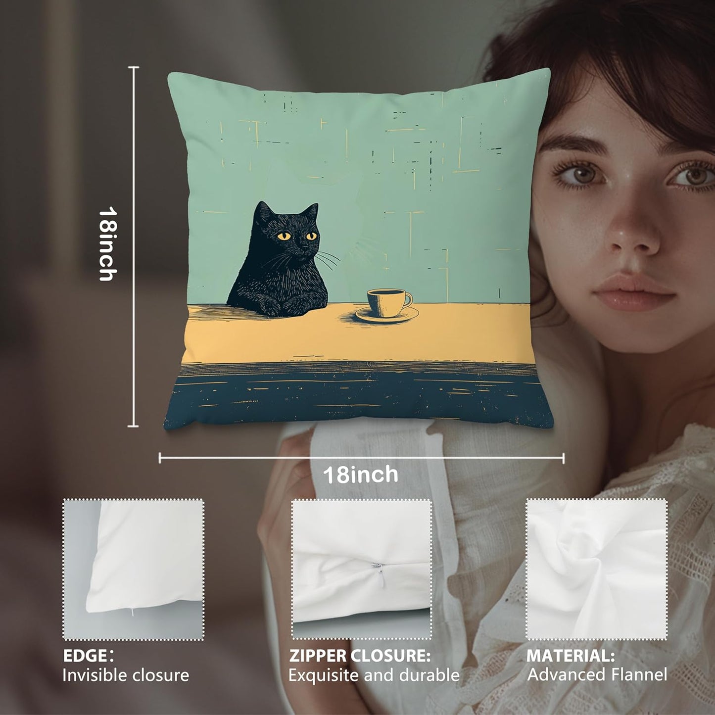 Black Cat Throw Pillow Covers 18x18, Aesthetic Black Cat Art Painting Decor Pillow Covers, Vintage Cats Drinking Coffee Decor for Room Bedroom