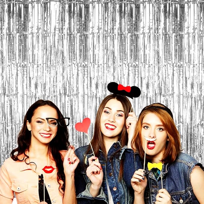 4 Pack Silver Foil Fringe Curtain Backdrop, 3.28Ft x 9.84Ft Metallic Tinsel Streamers Curtains for Party, Photo Booth Props, Birthday, 2022 Graduation Decoration Supplies