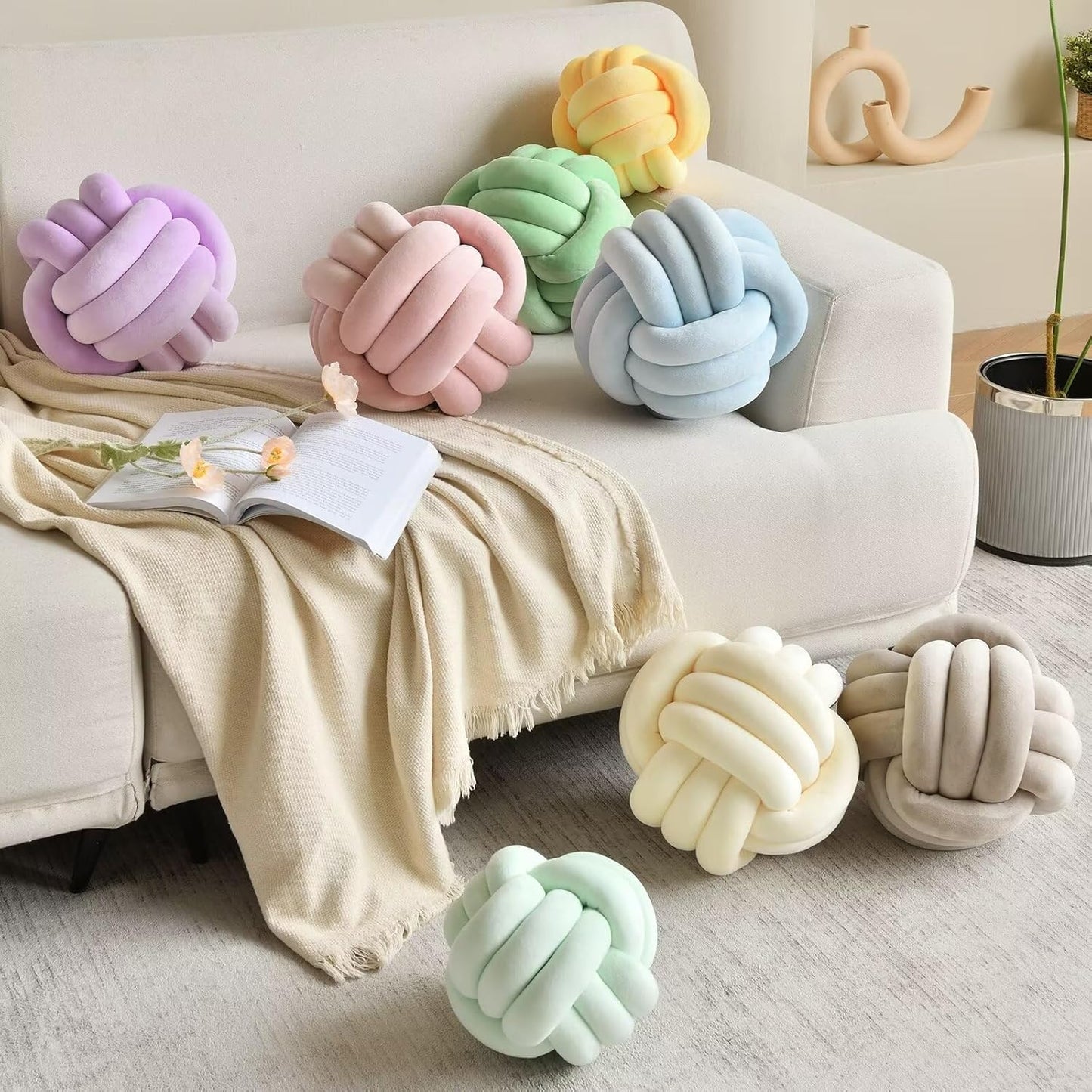 Decorative Throw Knot Pillow Ball for Home Chair Sofa Aesthetic Round Velvet Knotted Pillow Cushion (Milky White, 11 inches)