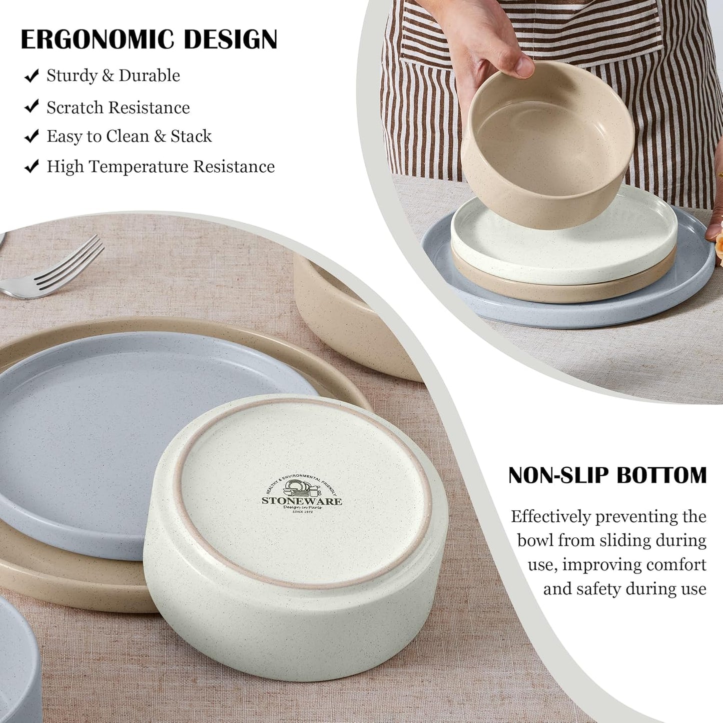 E-far Dinnerware Sets for 6, 18-Piece Stoneware Plates and Bowls Dish Set, Modern Kitchen Dinning Dishware, Chip and Scratch Resistant, Microwave & Dishwasher Safe, Speckled Multicolor